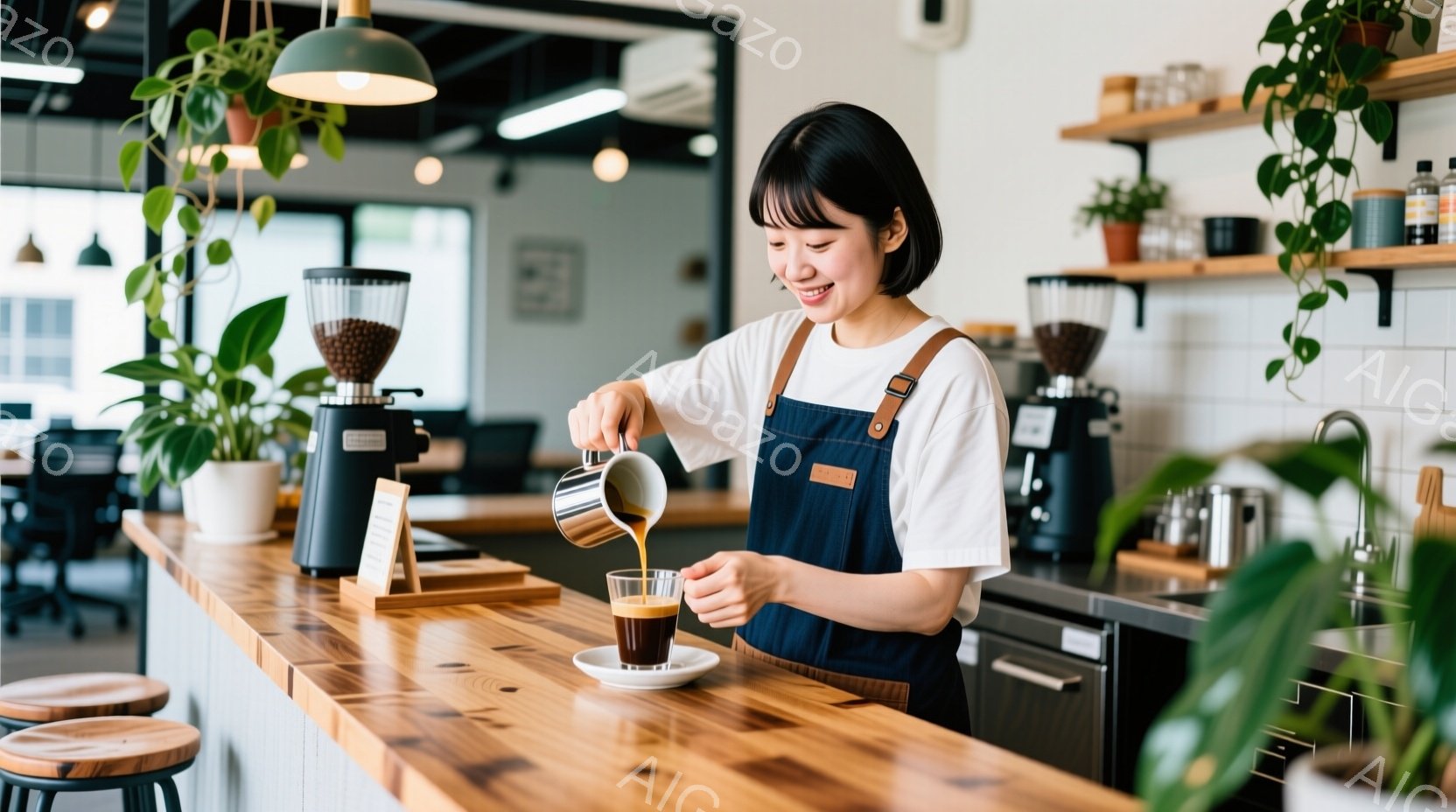女性はエプロンと白いTシャツを着て、コーヒーをグラスに注いでいる。彼女は微笑んでおり、姿勢はリラックスしているように見える。背景には木製のカウンター、棚、植物があり、明るく温かいカフェの雰囲気が漂って - AI生成フリー素材