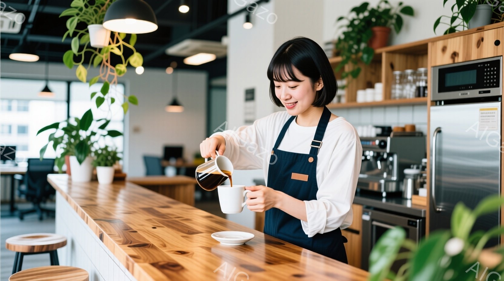 明るい色の木製カウンターで、女性がコーヒーをカップに注いでいる。彼女は白い長袖シャツと濃い青色のエプロンを着用し、前髪をそろえた短髪である。背景にはコーヒーメーカーや調理器具、植物が置かれたカフェの様子が見え、温かくて落ち着いた雰囲気が漂っている。