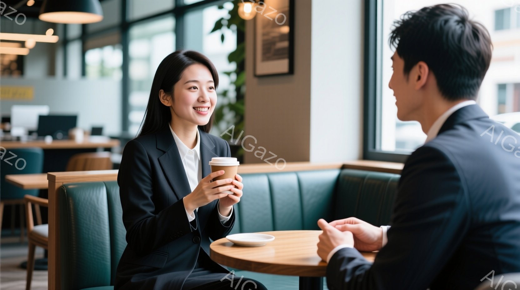 カフェのような場所で向かい合って座っている男女が写っています。女性は黒いスーツを着ており、微笑みながらコーヒーカップを持っています。背景には他のテーブルや椅子が見え、明るい雰囲気の中で会話を楽しんでい - AI生成フリー素材