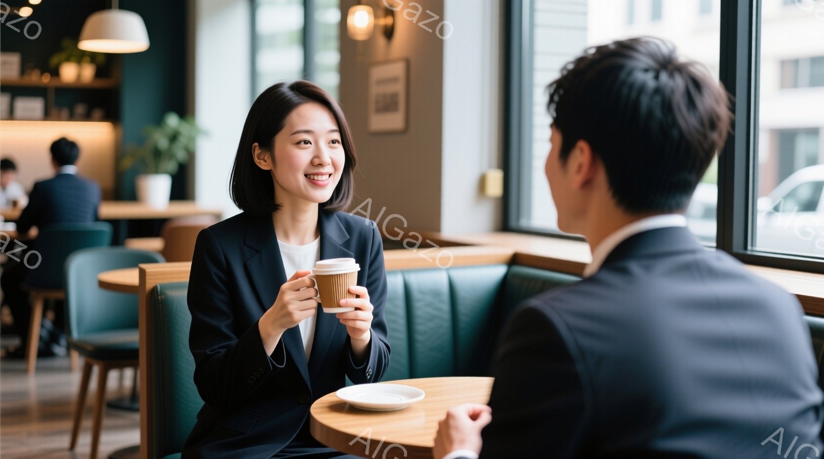 ビジネスウーマンがコーヒーカップを持って微笑んでいます。彼女は紺色のスーツを着ており、髪は後ろでまとめられています。背景には、他のビジネスマンと緑色のソファ、そして窓の外には建物が見え、全体的に落ち着 - AI生成フリー素材