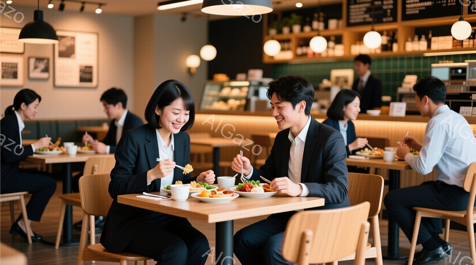 明るいカフェの内部で食事をするビジネスマンとビジネスウーマンが写っています。二人は黒いジャケットを着用し、微笑みながら食事を楽しんでいます。背景には他の顧客やカウンター、そして洗練された内装が見られ、 - AI生成フリー素材