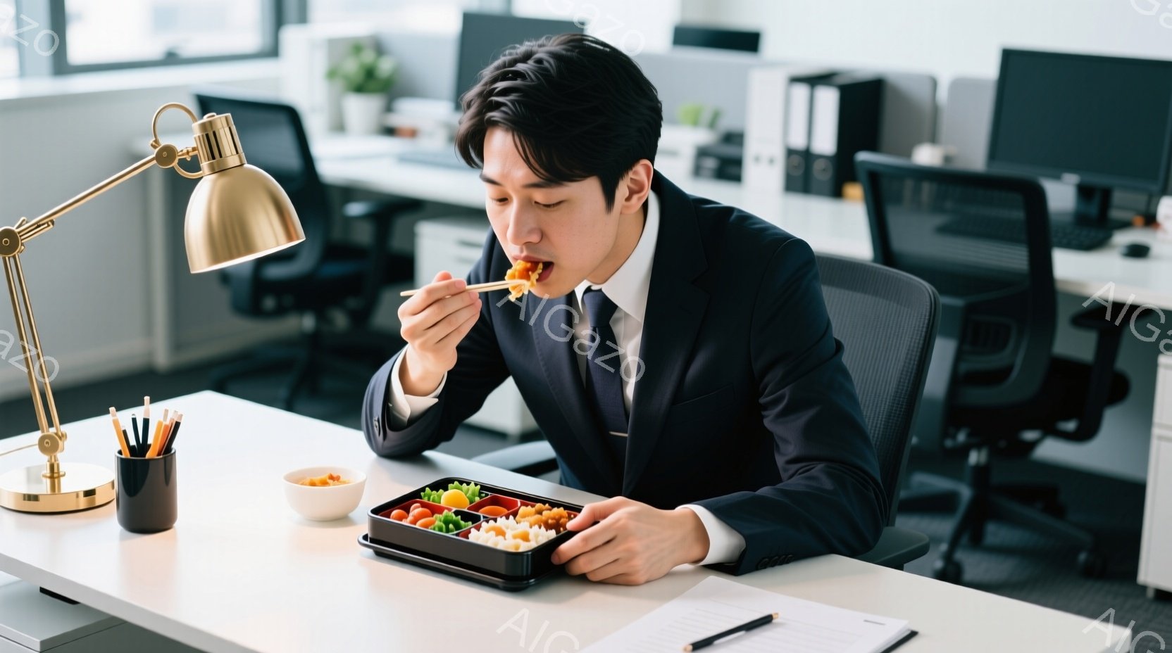 スーツを着た若い男性が、オフィスで弁当を食べている。彼は真剣な表情で箸を使って食事をしており、姿勢はやや前かがみになっている。背景にはオフィス内のデスクや椅子が見え、明るく清潔な雰囲気が漂っている。 - AI生成フリー素材
