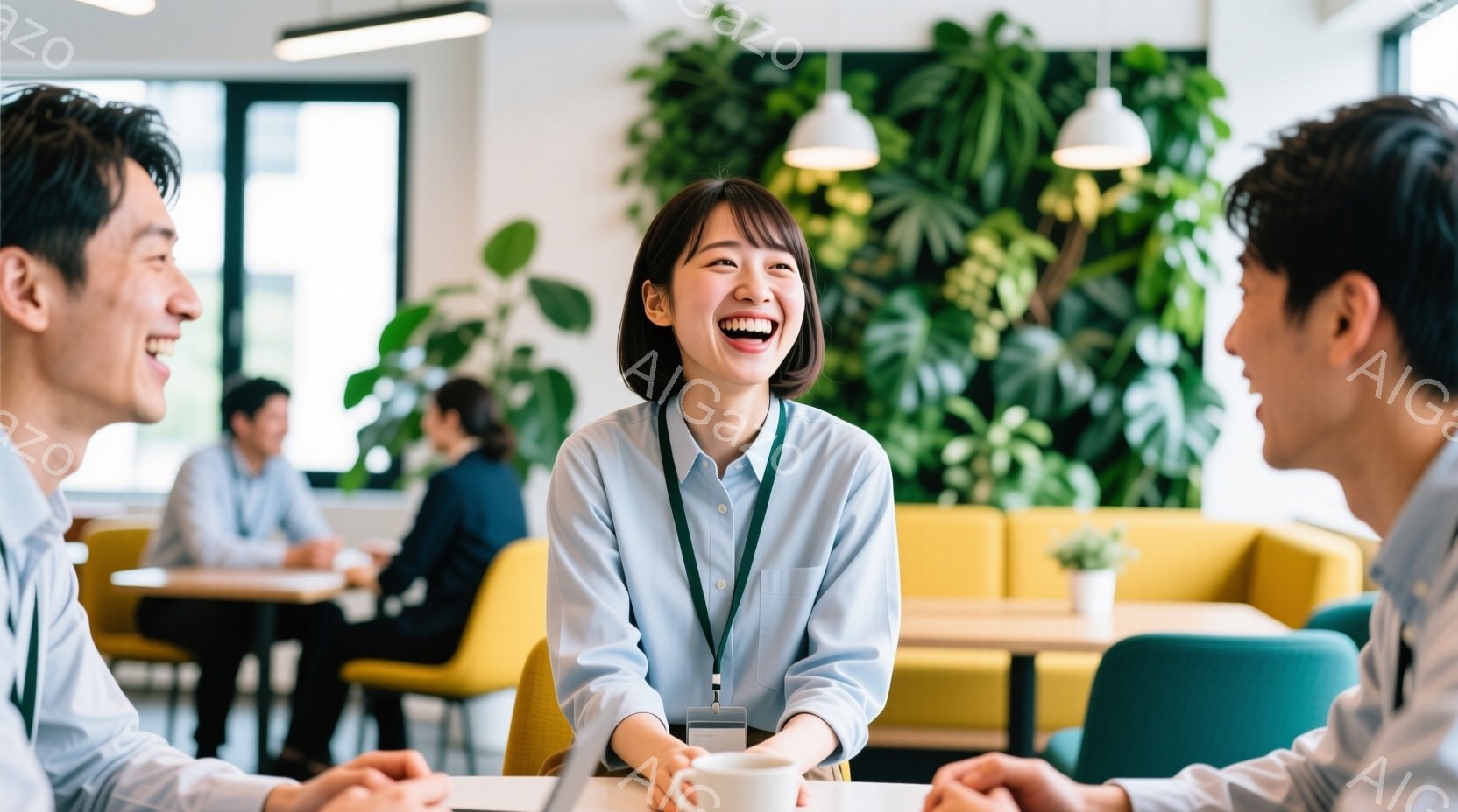 室内で、明るいブルーのシャツを着た若い女性が満面の笑みを浮かべています。彼女はIDカードを首から下げ、同僚とテーブルを挟んで向かい合って座り、リラックスした雰囲気で会話を楽しんでいるようです。背景には - AI生成フリー素材