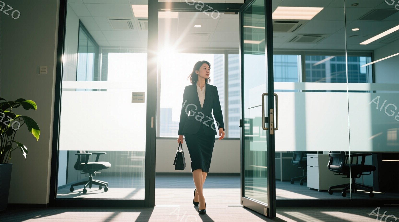 スーツを着た女性が、ガラス張りのオフィス空間を歩いている。彼女は黒いジャケットと膝丈のスカートを着用し、黒いバッグを持った自信に満ちた表情をしている。背景には高層ビルが見え、太陽光が差し込み、明るくモ - AI生成フリー素材
