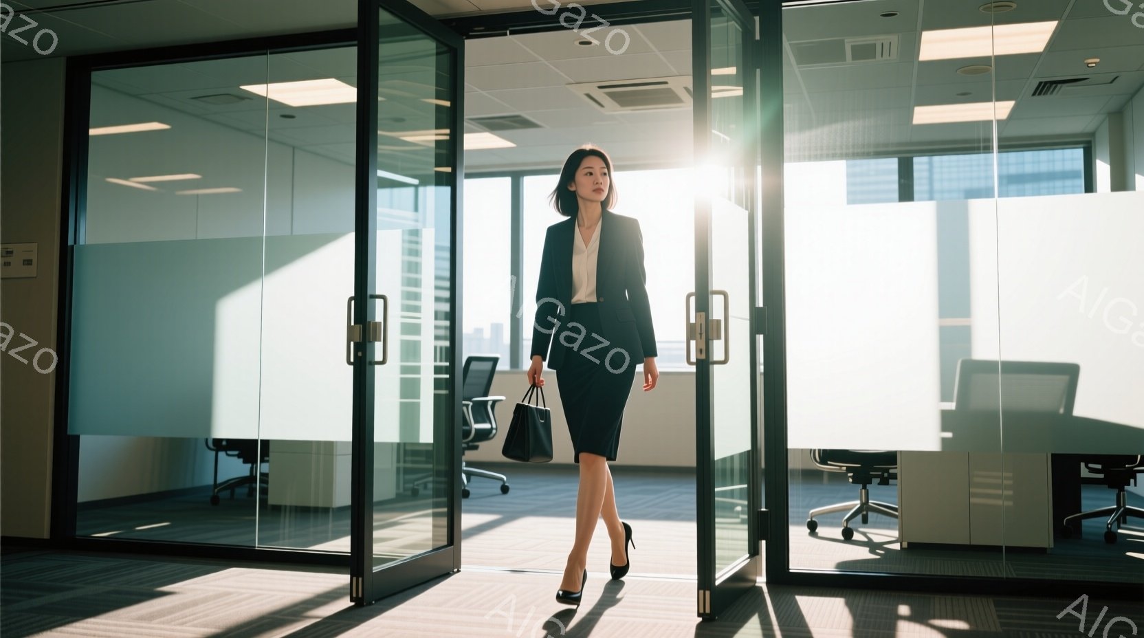 黒いスーツと膝丈のスカートを着た女性が、オフィス空間を歩いている。彼女は黒いハンドバッグを持ち、ヒールを履いており、後ろ姿は自信に満ち溢れているように見える。オフィス内は明るく、窓の外には高層ビル群が - AI生成フリー素材