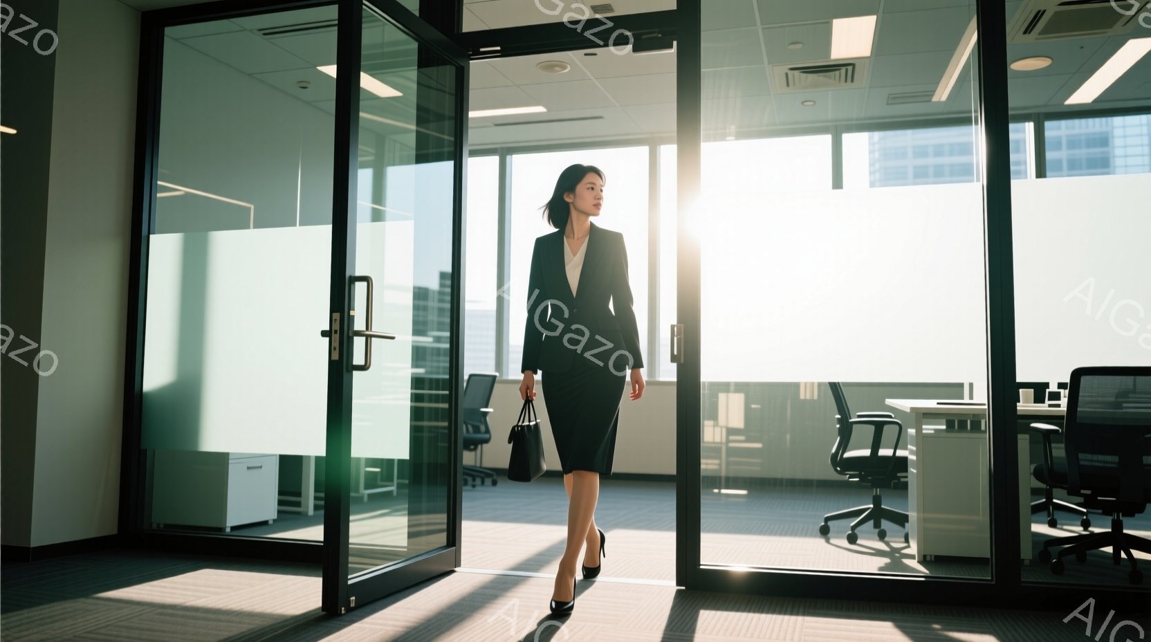 スーツ姿の女性がオフィスに入っていくところを捉えた写真です。彼女は黒いジャケットとスカート、ヒールを履いており、手にはハンドバッグを持っています。背景には明るい光が差し込むオフィス空間と、高層ビル群が - AI生成フリー素材
