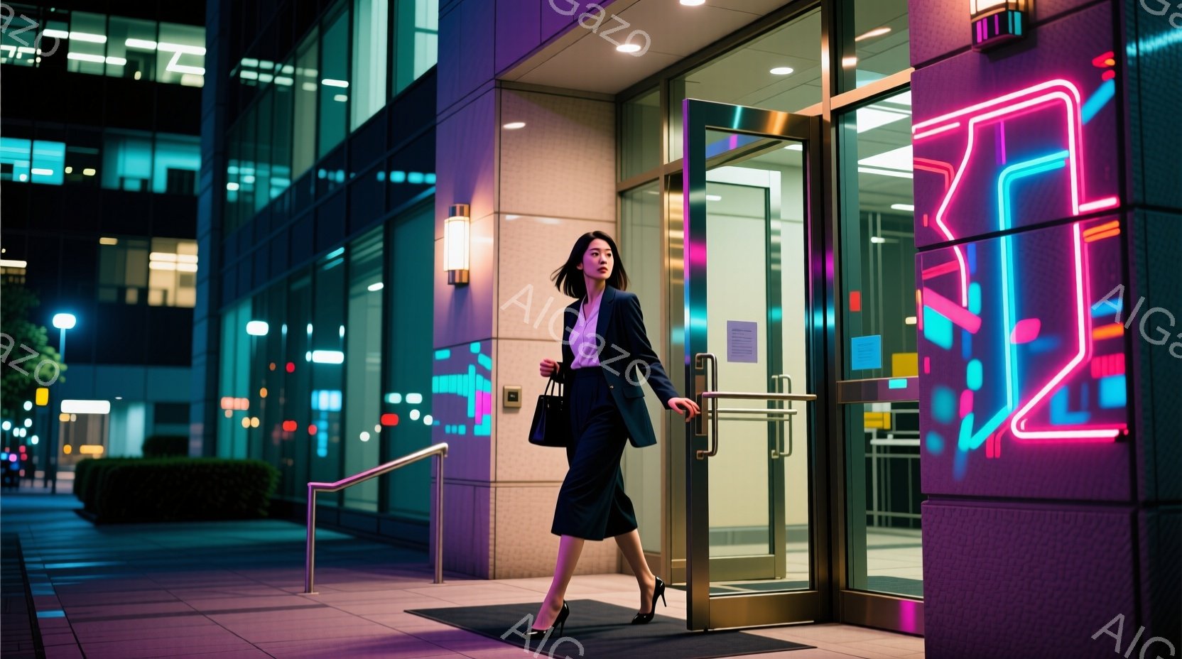 女性はヘッドセットを着用し、明るい笑顔を浮かべている。白いシャツを着ており、長い髪はストレートに伸びている。背景はオフィスで、多くのデスクと椅子が見え、全体的に清潔で明るい雰囲気である。