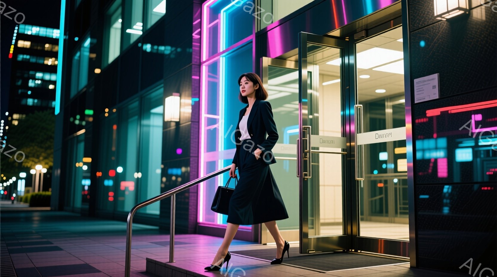 紺色のスーツと膝丈のスカートを着用した女性が描かれています。彼女は階段を下りており、黒いハンドバッグを持っています。背景には、ネオンライトが輝く近代的な建物があり、夜の都会的な雰囲気を醸し出しています - AI生成フリー素材