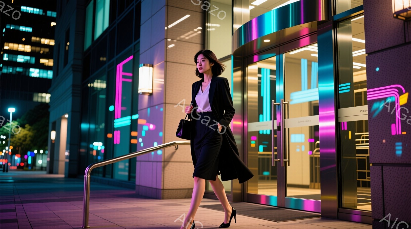 明るい笑顔を見せる若い女性が、ヘッドセットを着用して座っています。彼女は白いシャツに黒いジャケットを着ており、オフィスの一角で仕事をしている様子です。背景には他のデスクやパソコンがぼやけて見え、全体的 - AI生成フリー素材