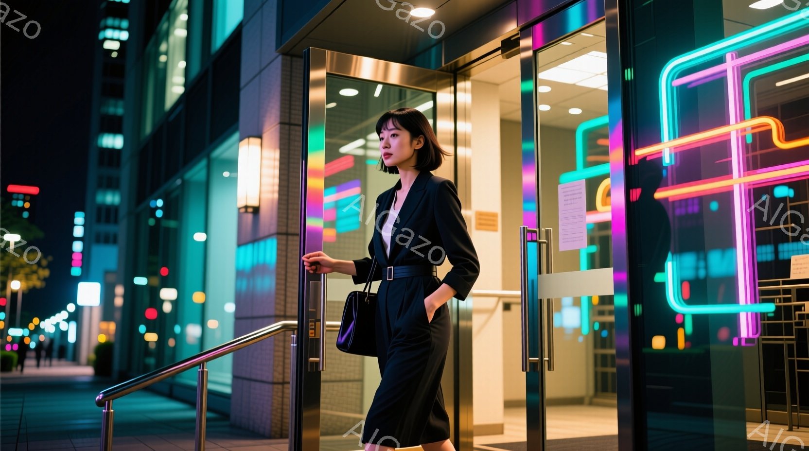 黒いジャケットと膝丈のスカート、そしてベルトを着用した女性が映っています。彼女は片手を腰に当て、少し内側を向きながらガラスの自動ドアから出て行くところです。背景には、ネオンライトで照らされたモダンな建 - AI生成フリー素材