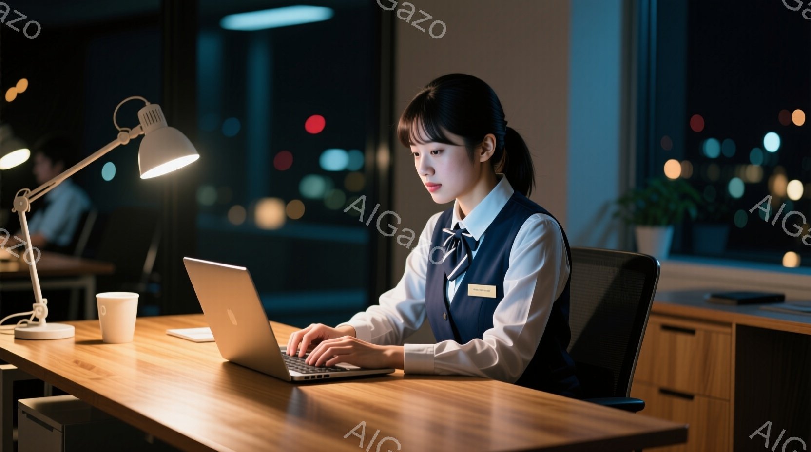 女性はオフィスでノートパソコンに向かい、キーボードを操作している。彼女は白いシャツに濃い青色のベストを着ており、黒髪を後ろでまとめている。窓の外には夜景が広がり、オフィス内は落ち着いた雰囲気で、デスク - AI生成フリー素材