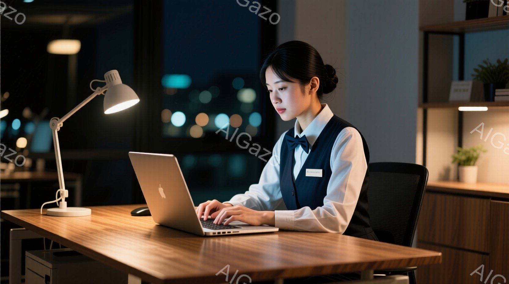 女性は、白いシャツと濃い青色のベストを着用し、デスクに向かってノートパソコンを操作しています。彼女は髪を後ろでまとめ、集中した表情でキーボードを見つめています。背景には夜景が見え、モダンな内装のオフィスで仕事に励む様子が伺えます。