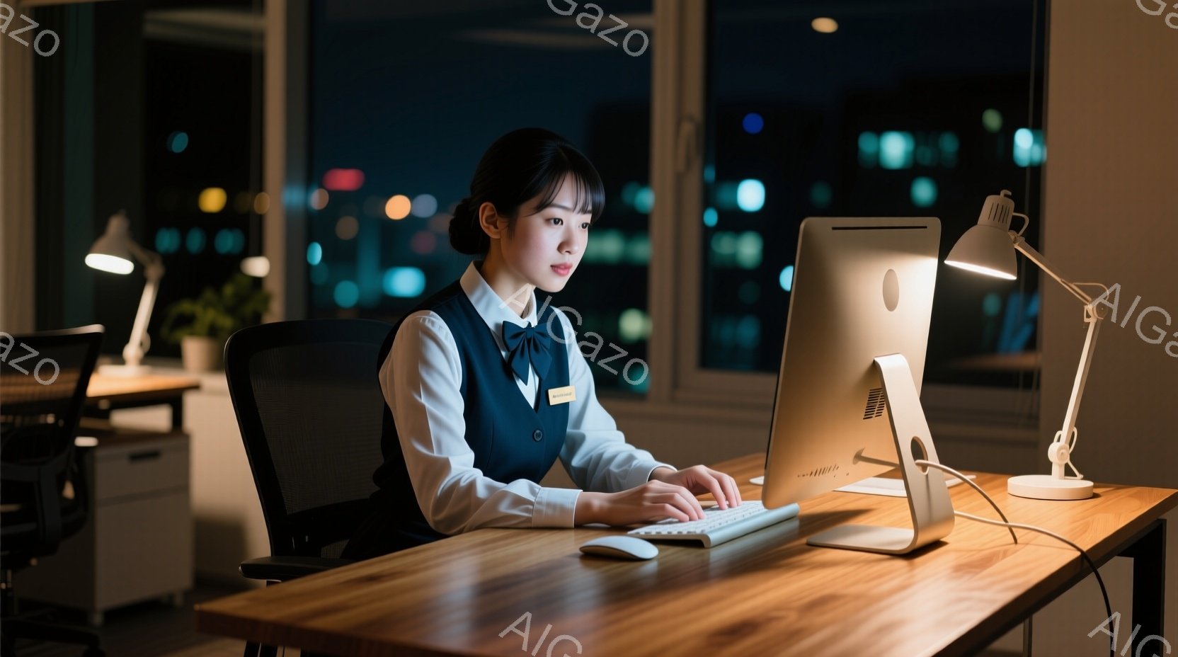 紺色のベストと白いブラウスを着た女性が、明るい木製の机の前でパソコンに向かっている。彼女は黒髪を後ろにまとめ、集中した表情でキーボードを操作している。背景には夜景が広がり、オフィスは高層階にあることが - AI生成フリー素材
