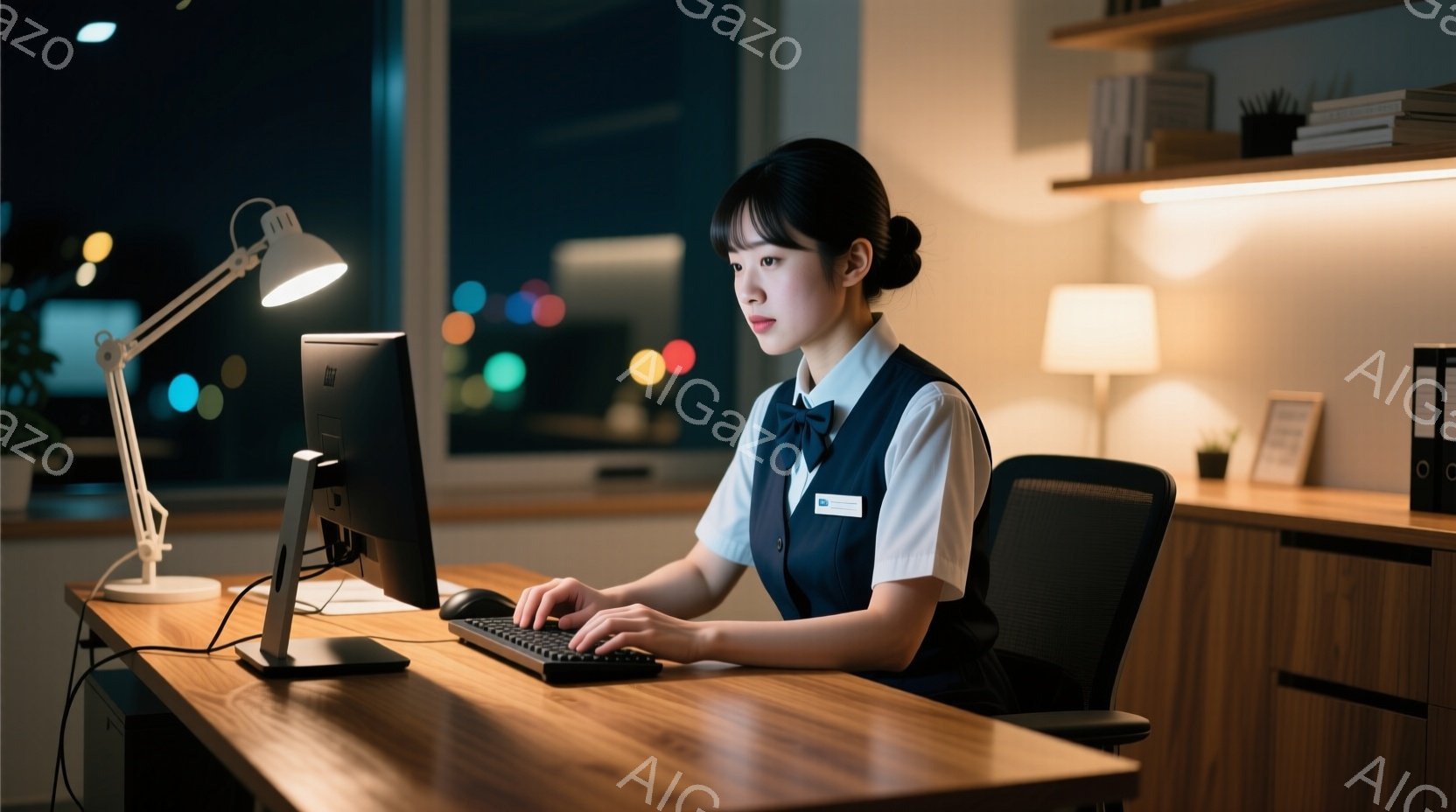 女性は、明るい照明の下でパソコンに向かってキーボードを操作している。紺色のベストと白いシャツを着ており、整ったヘアスタイルと真剣な表情をしている。背景には、夜景を思わせるぼやけた光と木製の棚が見え、集 - AI生成フリー素材