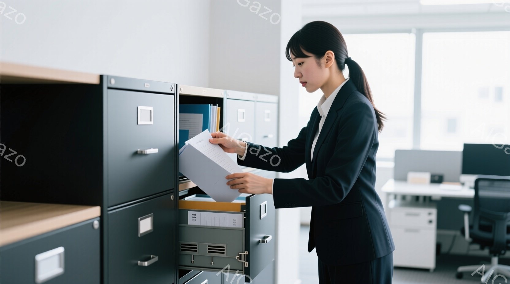 黒いスーツを着た女性が、金属製の引き出しを開け、白い書類を取り出そうとしている。彼女は髪を後ろでまとめ、真剣な表情で書類に集中している。背景には、オフィス家具や他の引き出しが見え、全体的に落ち着いた雰囲気の職場風景である。