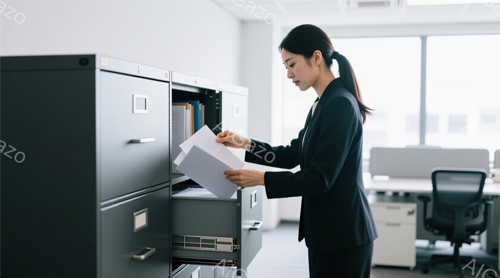 黒いスーツを着た女性が、オフィスでファイリングキャビネットの引き出しから書類を探している。彼女は髪を後ろでまとめ、集中した表情で書類を手に取っている。背景には、オフィス家具や窓から差し込む自然光が見え - AI生成フリー素材