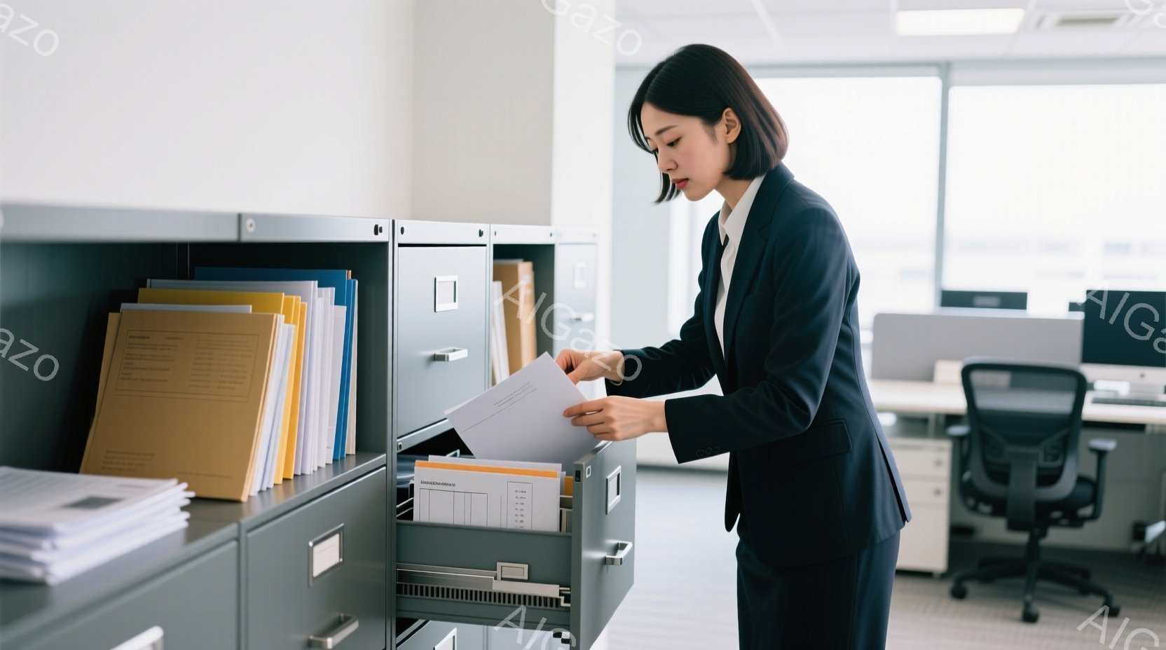 紺色のスーツを着た女性が、書類キャビネットの引き出しから書類を取り出そうとしている。彼女は黒髪で、後ろで軽くまとめられている。背景には、他のオフィス家具や、明るい自然光が入る窓が見え、全体的に清潔でプ - AI生成フリー素材