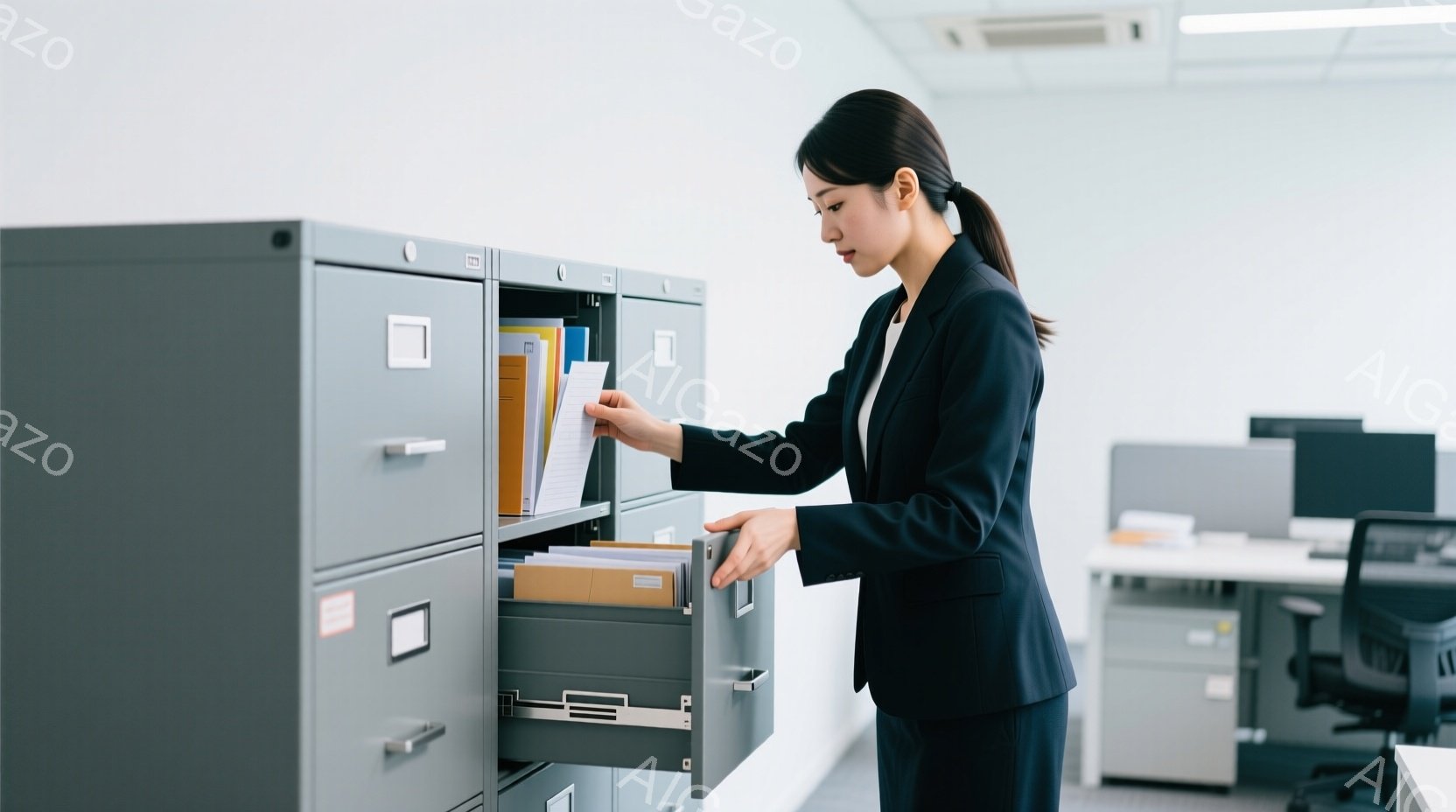 一人の女性が灰色のファイリングキャビネットの前で書類を探しています。彼女は黒いスーツを着ており、髪は後ろでまとめています。背景にはオフィスがあり、他のデスクと椅子が見えます。