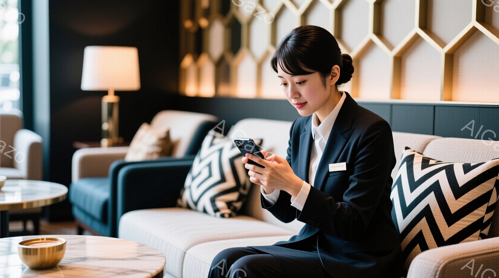 黒いスーツに白いシャツを着た女性が、クリーム色のソファに座ってスマートフォンを操作している。彼女は髪を後ろでまとめ、真剣な表情で画面を見つめている。背景には、幾何学模様のクッションが置かれたソファと、 - AI生成フリー素材