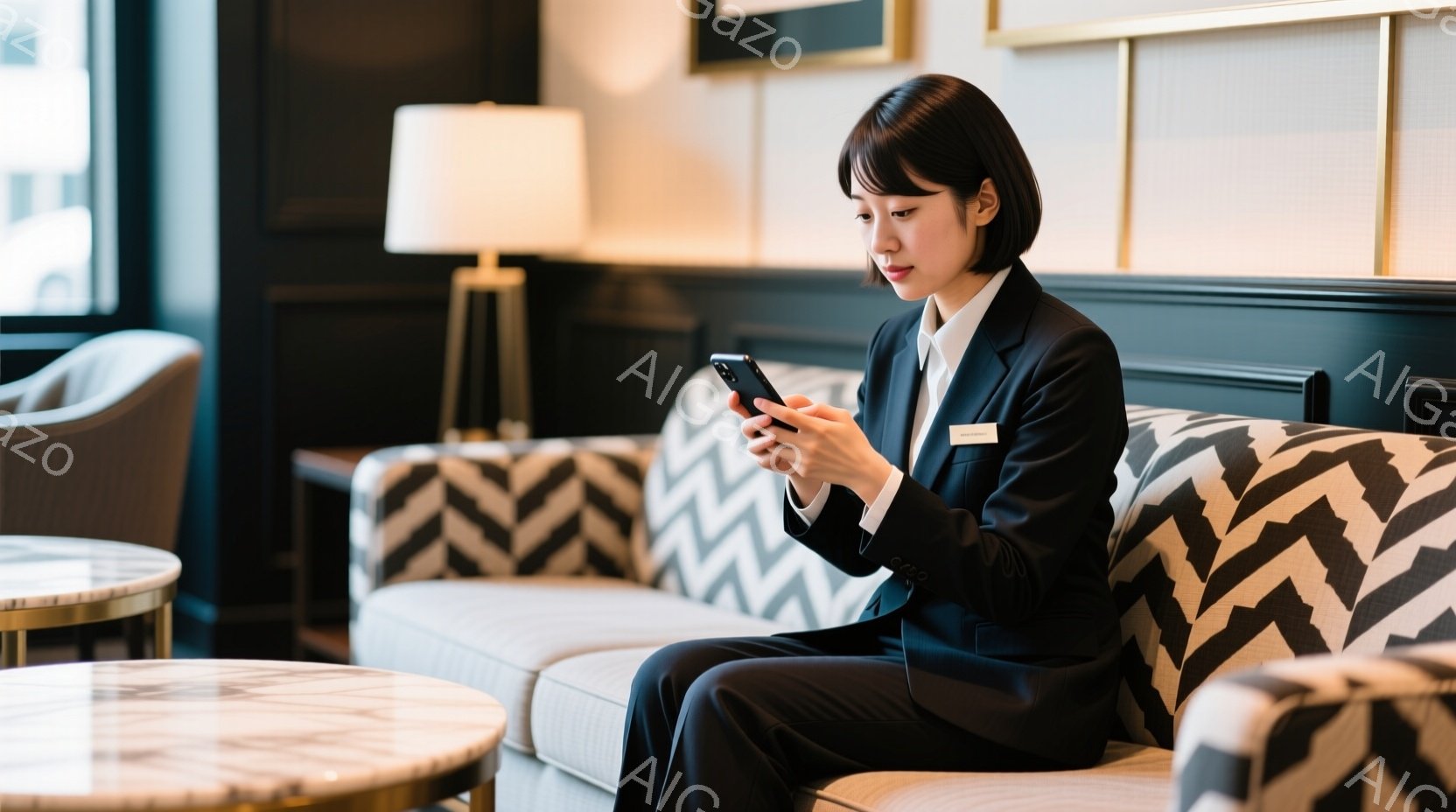黒いスーツと白いシャツを着た女性が、ひざの上にスマートフォンを持って座っています。彼女は真剣な表情で画面を見つめており、姿勢はきちんとしています。背景には、幾何学模様のソファと、白と金のテーブル、そし - AI生成フリー素材