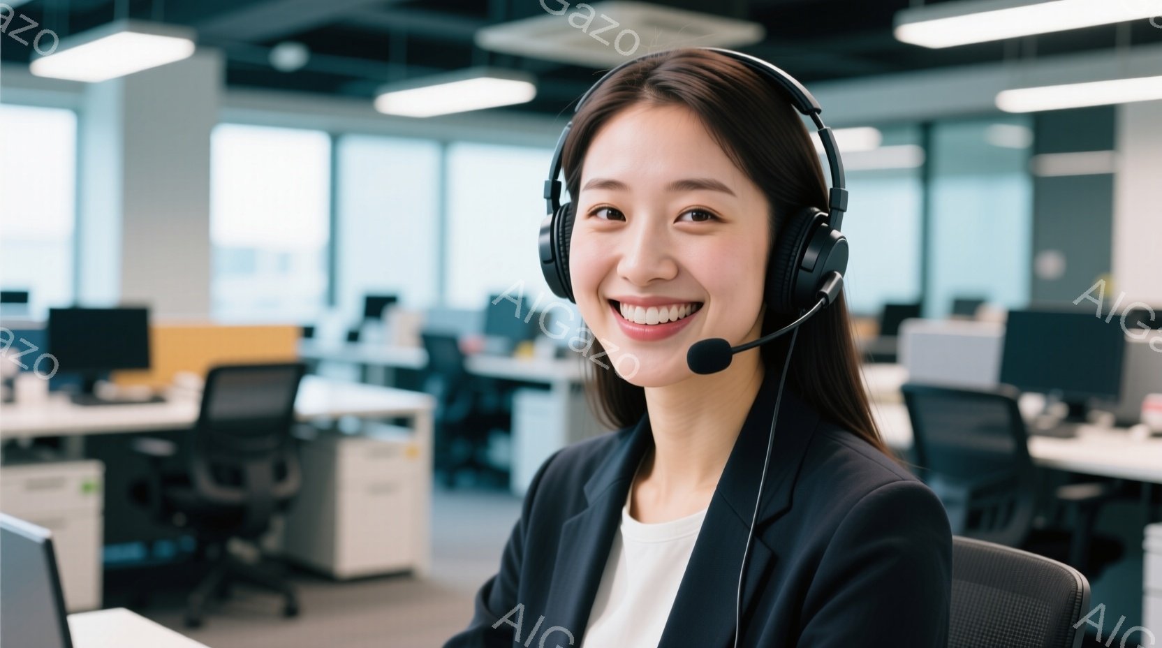笑顔の女性がヘッドセットを着用し、オフィスでカメラに向かって座っています。彼女は白いシャツに黒いジャケットを着ており、髪は後ろでまとめています。オフィスは明るく、多くの机とコンピュータがあり、モダンで - AI生成フリー素材