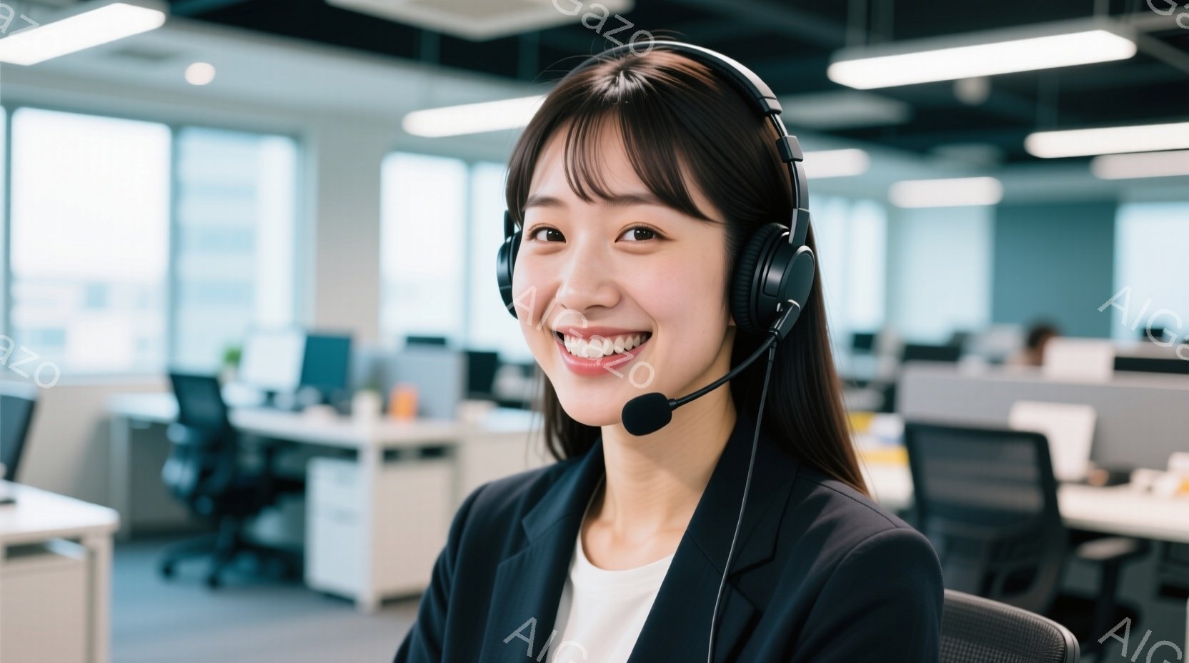 女性はヘッドセットを装着し、明るい笑顔を見せています。黒いジャケットに白いインナーを着ており、長い茶色の髪は肩にかかっています。背景はオフィスで、多くのデスクとパソコンが並んでおり、全体的に清潔で活気 - AI生成フリー素材