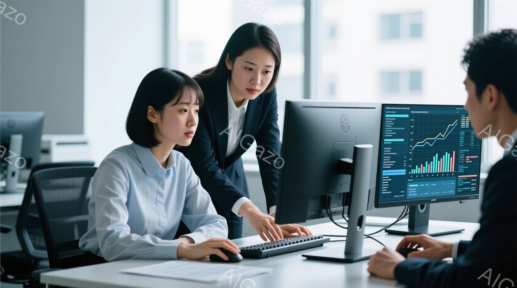 オフィスで働く女性と男性が写っている。女性は白いシャツに黒いジャケットを着ており、髪は後ろでまとめて、画面を指差して何か説明しているようだ。男性は紺色のスーツを着ており、パソコンに向かって何か作業をし - AI生成フリー素材