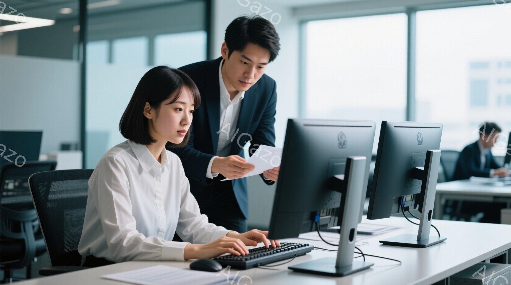 一人の女性がコンピュータに向かってキーボードを操作しており、背後には男性が書類を手にしながら何かを説明しているようだ。女性は白いシャツを着ており、髪は短く整えられている。背景にはオフィス内の他の人々が見え、明るい自然光が差し込んでいる。