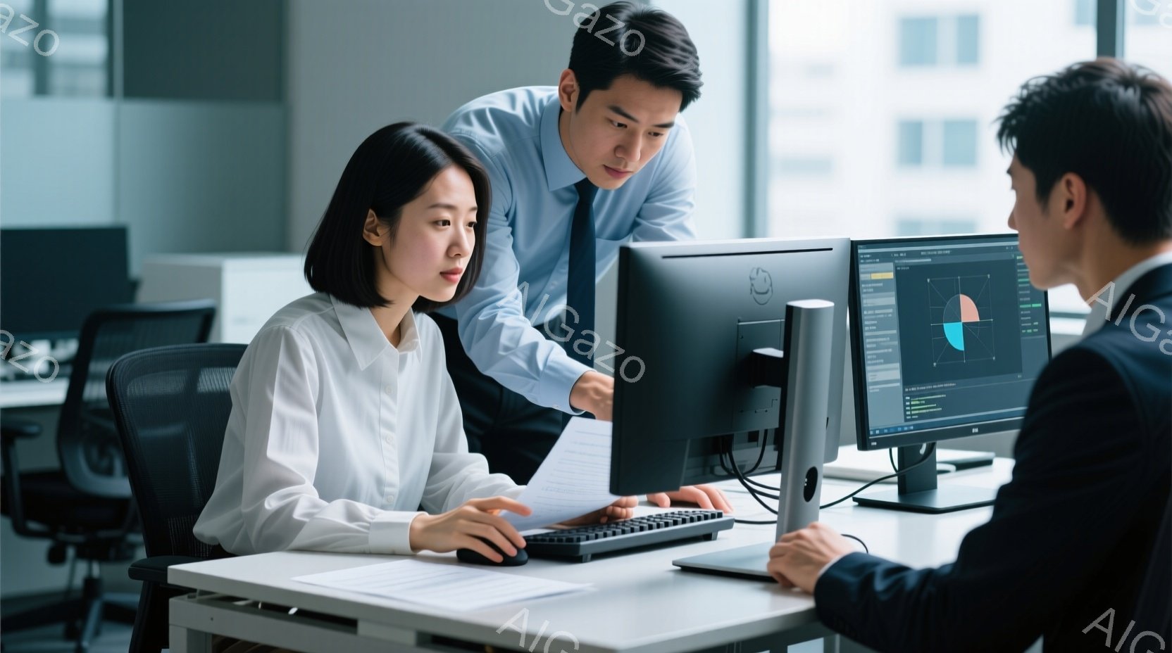 2人のビジネスパーソンがオフィスでパソコンに向かい合っています。女性は白いシャツを着ており、髪は肩にかかる程度の長さで、集中した表情でキーボードを操作しています。男性はスーツを着ており、画面を指差し、 - AI生成フリー素材