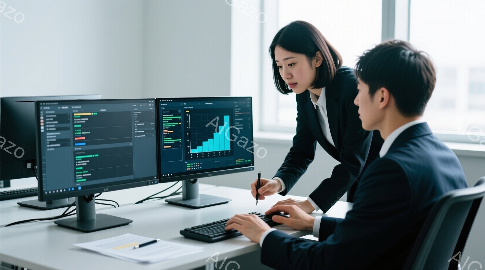 2人のビジネスパーソンがオフィスでモニターを見ながら仕事をしている様子が写っている。女性は黒い髪を後ろにまとめ、黒いジャケットと白いシャツを着て、男性の肩越しにモニターを指し示している。男性は黒いスー - AI生成フリー素材