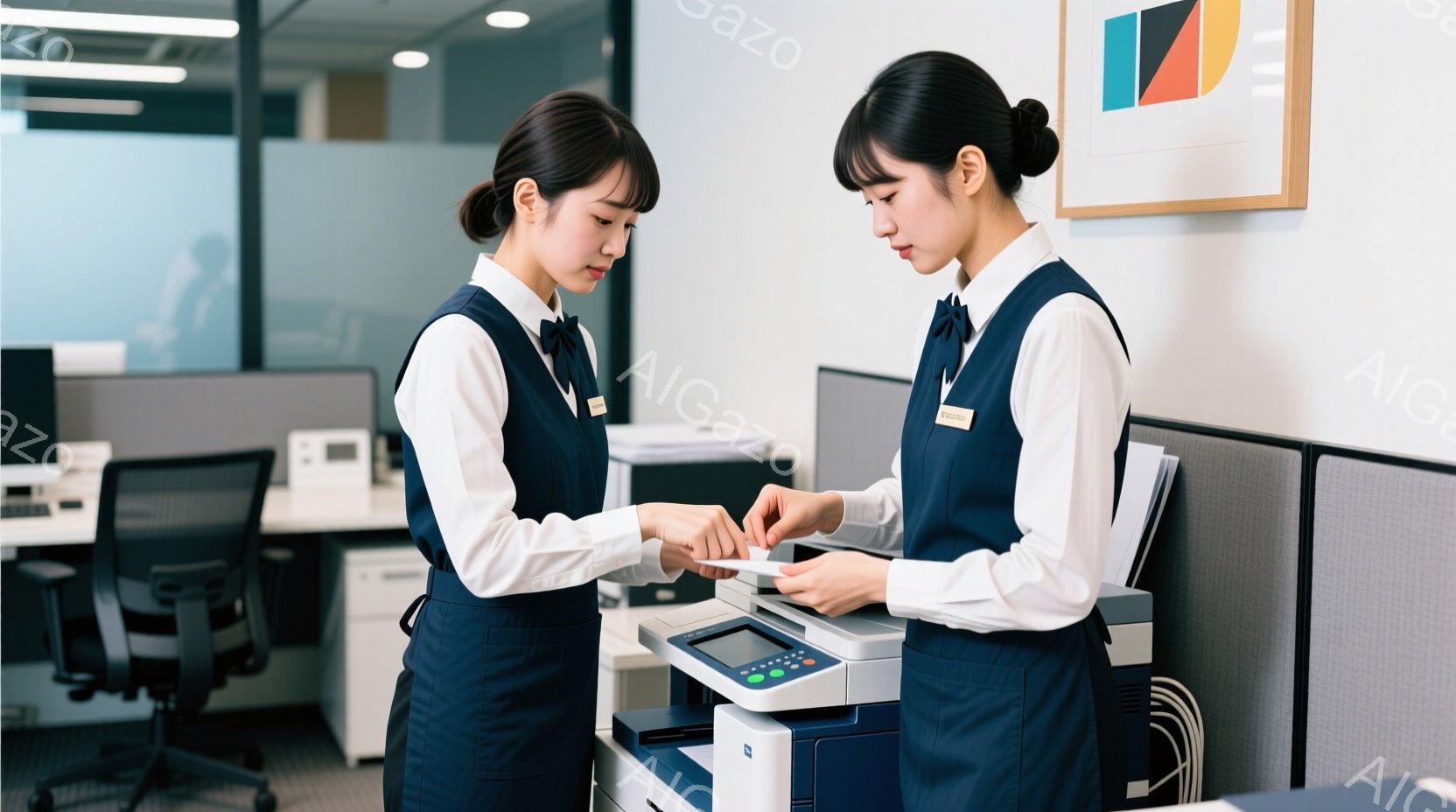 紺色のベストと白いシャツを着た二人の女性が、オフィスでコピー機を使用している様子が写っている。彼女たちは黒髪で、真剣な表情で書類を扱っている。背景には灰色のオフィス家具と、抽象的な絵画が飾られた壁が見 - AI生成フリー素材