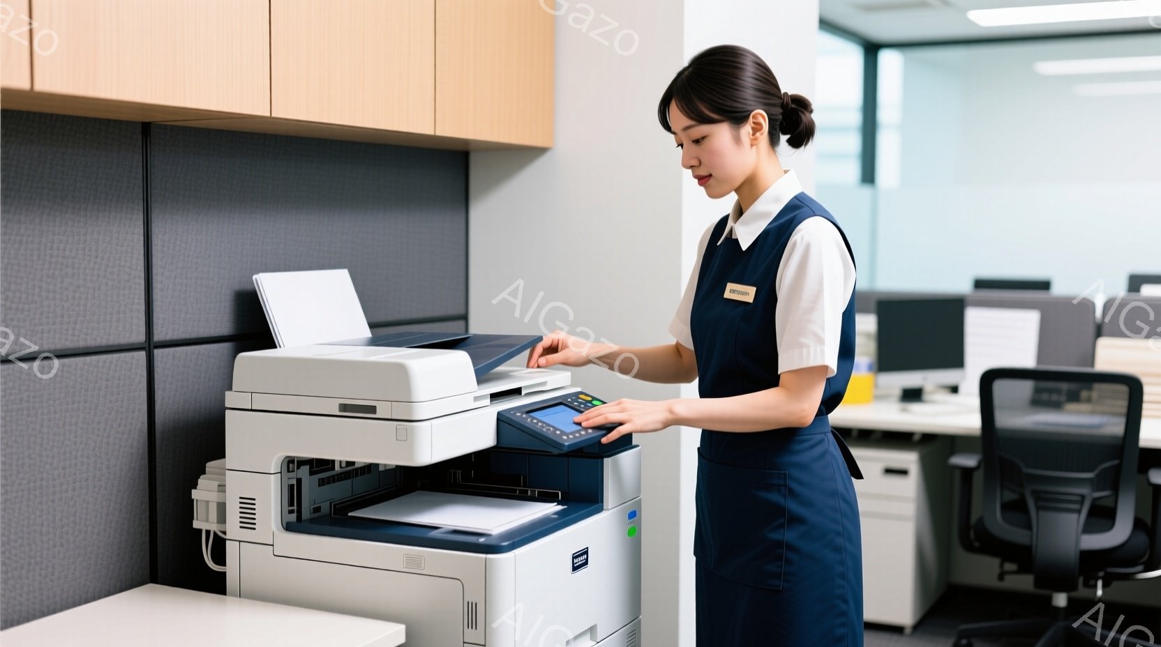 紺色のエプロンと白いブラウスを着た女性が写っています。彼女はオフィスでコピー機を操作しており、集中した表情で操作パネルを見つめています。背景には、オフィス家具や白い壁が見え、全体的に清潔で落ち着いた雰囲気です。
