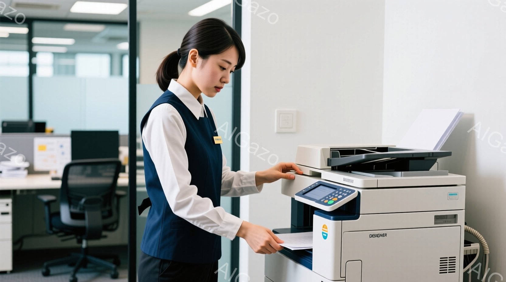 女性は白いシャツに濃い青色のベストを着用し、黒いズボンを履いています。彼女はオフィスでコピー機を操作しており、集中した表情で用紙をセットしています。背景にはオフィスチェアや書類が写り、清潔で明るい雰囲 - AI生成フリー素材