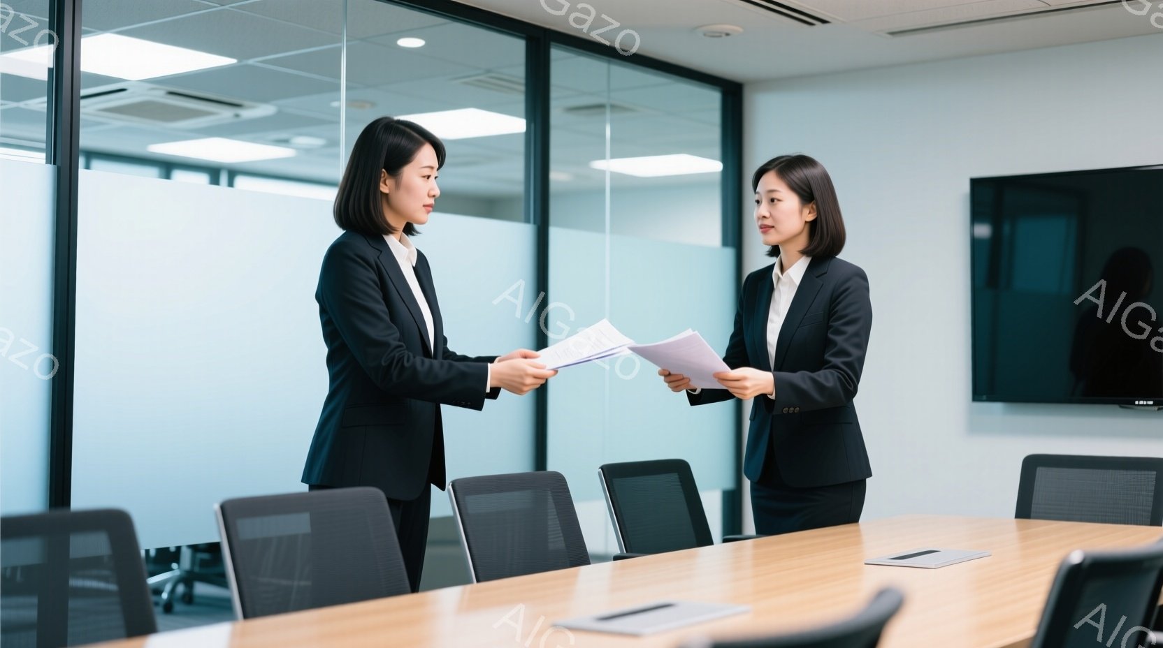 2人の女性が会議室で書類を交換している様子が写っている。両者とも黒いスーツを着用し、髪は後ろでまとめており、表情は真剣でビジネスライクだ。背景には木製の長いテーブルと黒い椅子が並び、落ち着いた雰囲気の - AI生成フリー素材