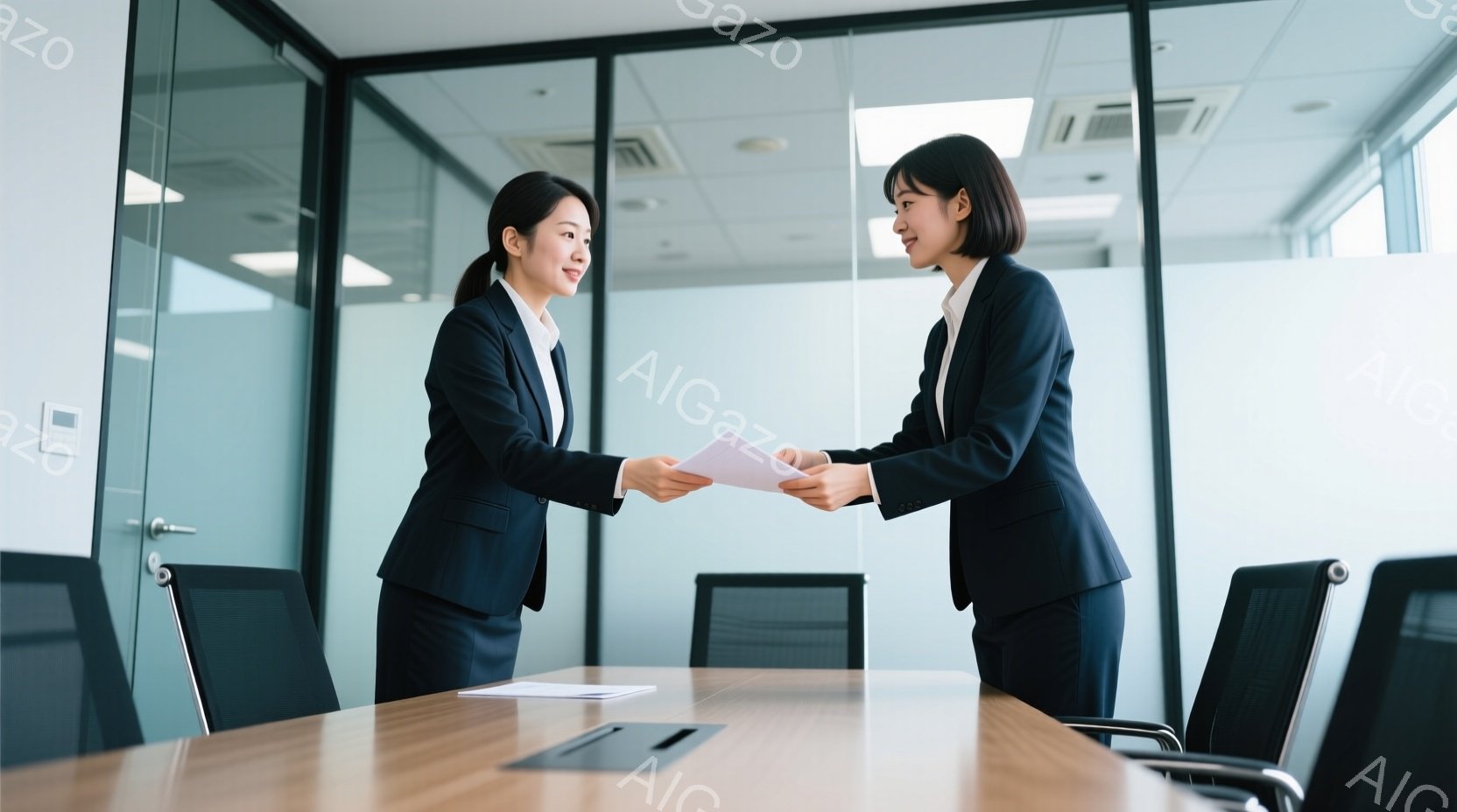 紺色のスーツを着た二人の女性が、明るい会議室で書類を交換している。彼女たちは微笑んでおり、お互いに書類を丁寧に手渡している様子から、友好的で協力的な雰囲気が伝わってくる。背景には木製のテーブルと黒い椅 - AI生成フリー素材