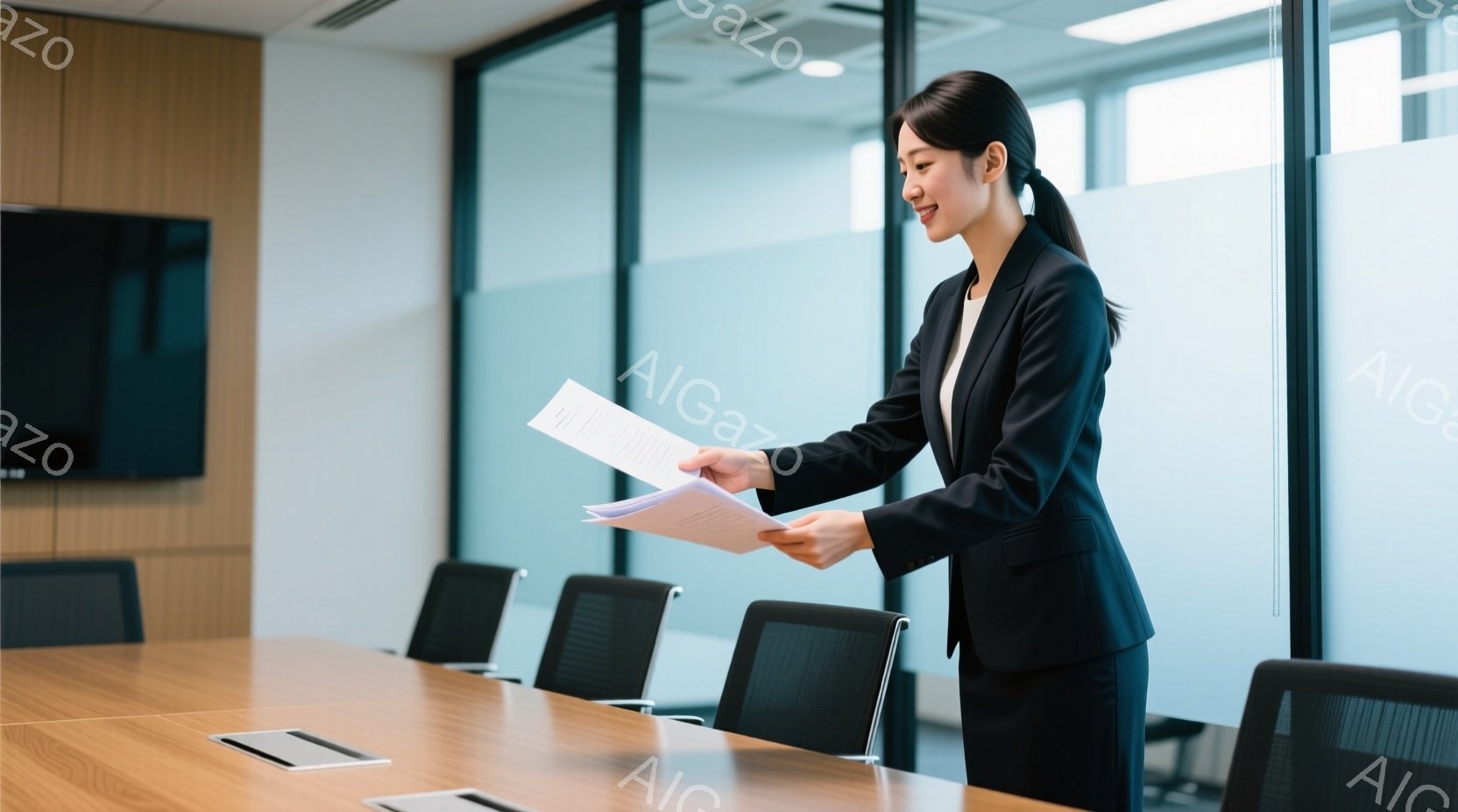 黒いスーツに身を包んだ女性が、書類を手にしながら立っています。彼女は微笑んでおり、自信に満ちた表情をしています。背景には、ガラス張りの壁と会議テーブルがあり、モダンでプロフェッショナルな雰囲気の会議室であることがわかります。
