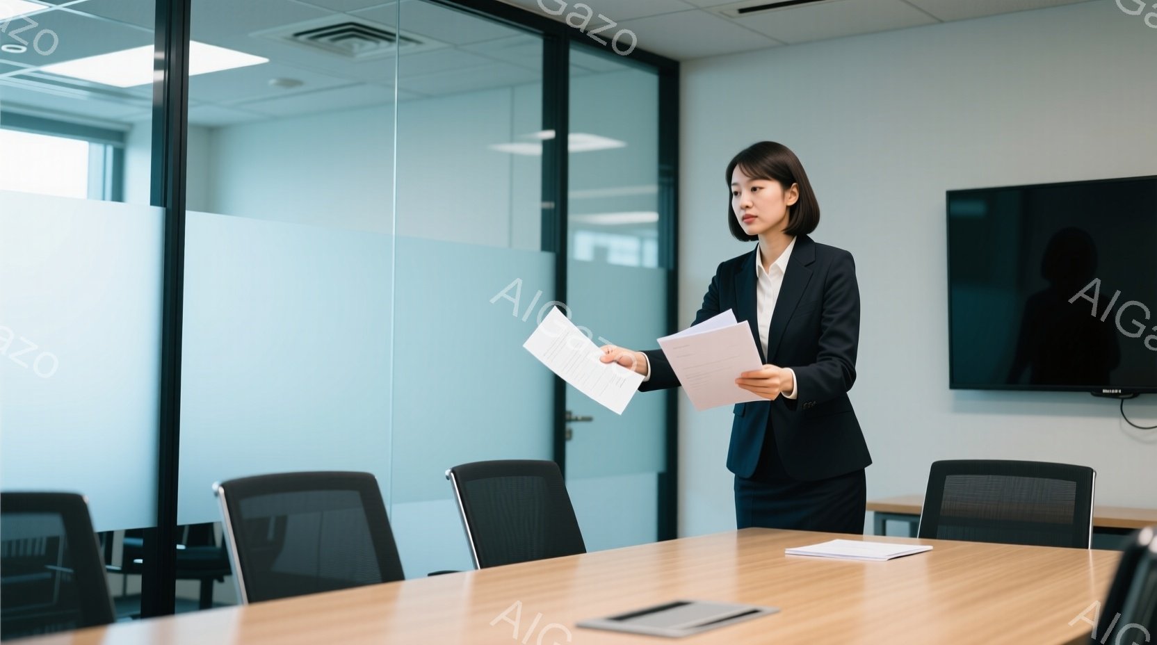 ビジネスウーマンが会議室で書類を手に立っている。彼女は黒いスーツとスカートを着用し、ダークブラウンのショートヘアで、表情は真剣だ。会議室は明るく、木製のテーブルと黒い椅子が整然と並び、窓の外には晴れた - AI生成フリー素材