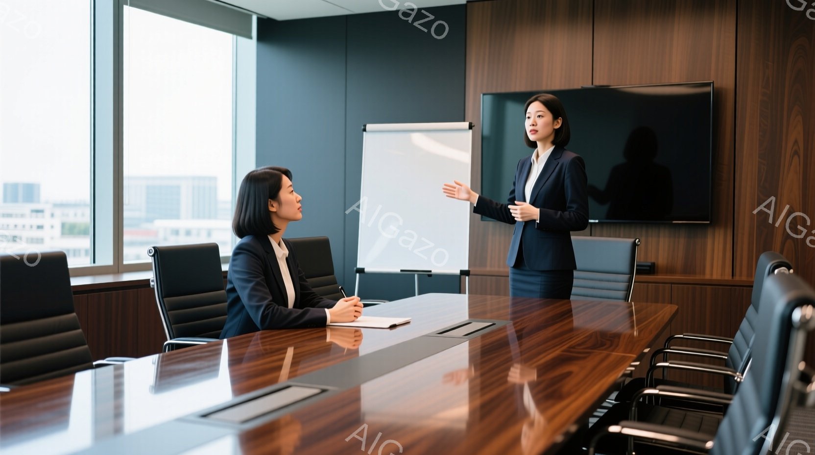 会議室で、一人の女性がプレゼンテーションを行っている。彼女は黒いスーツと白いシャツを着ており、黒髪を肩にかかる長さにしている。彼女は身振り手振りを交えながら、ホワイトボードの前で熱心に話しているように見える。