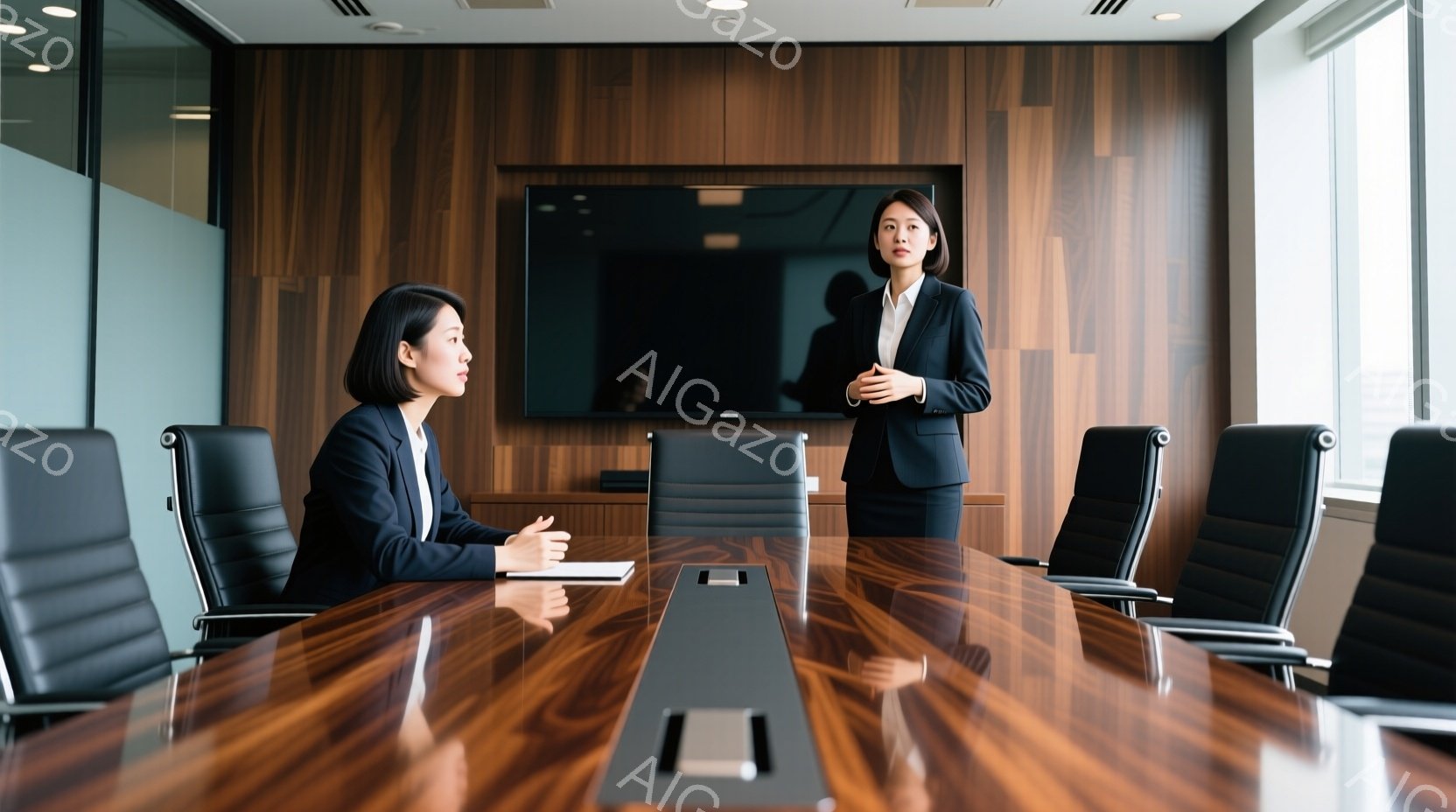 会議室で二人の女性が向かい合って座っており、一人は黒いジャケットと白いシャツを着て何かを説明しているような姿勢を取っています。もう一人は同じような服装で、静かに相手の話を聞いているようです。背景には木 - AI生成フリー素材
