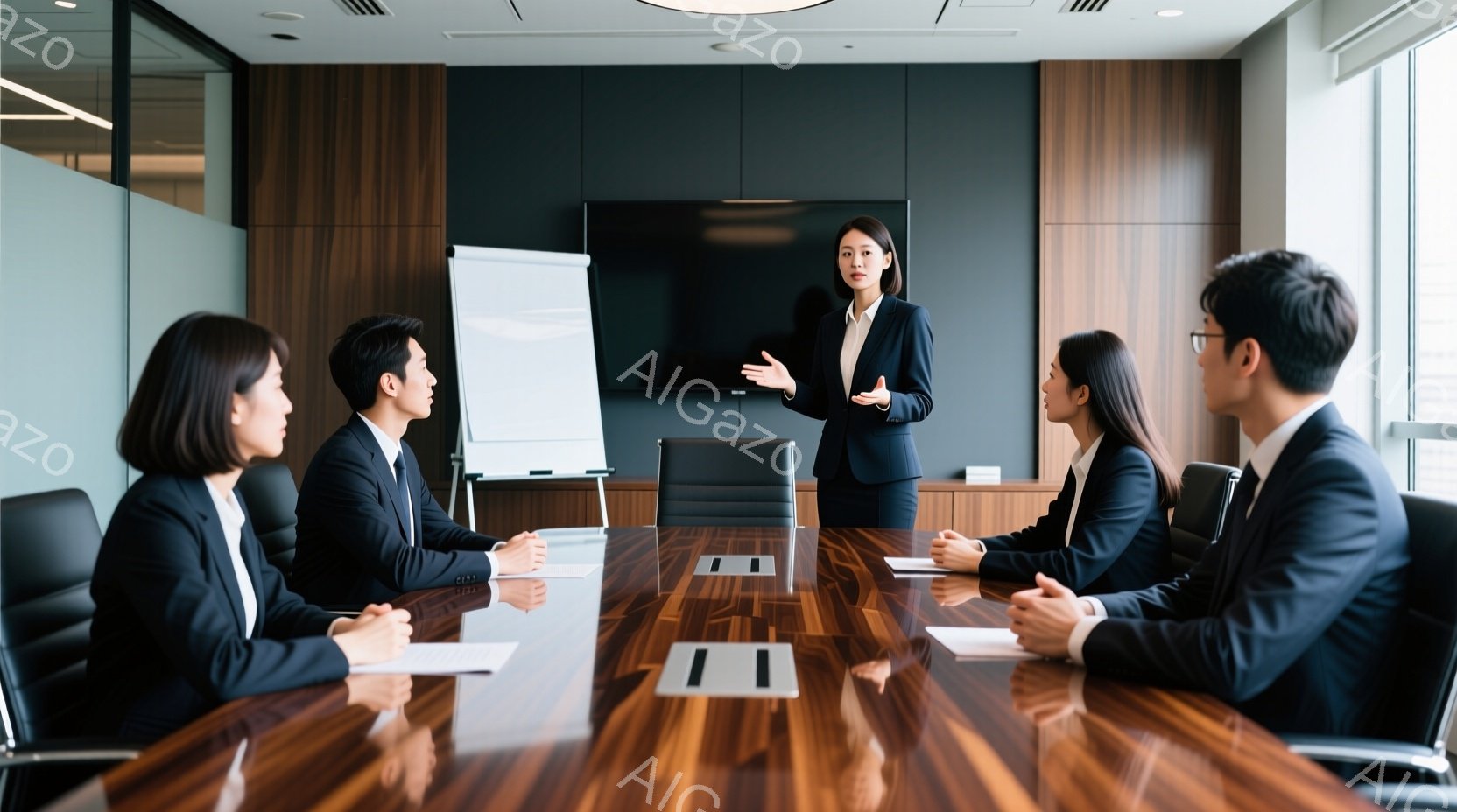 紺色のスーツを着た5人のビジネスパーソンが、光沢のある木製の会議テーブルを囲んで座っています。一人の女性が立ち、ジェスチャーを交えながら説明している様子で、他の人々は彼女の話に注意深く耳を傾けています。背景には白板があり、全体的に落ち着いた雰囲気で、真剣なビジネス会議が行われていることがわかります。