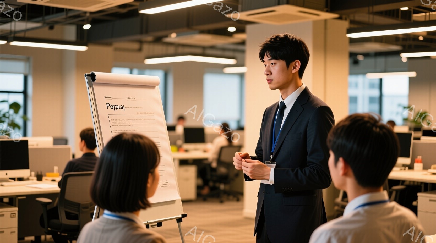 オフィス内で、紺色のスーツに白いシャツを着た男性が、プレゼンテーションを行っている様子が描かれています。彼はわずかに微笑み、片手に何かを持つポーズで、聴衆を見つめています。背景には、他のオフィスワーカ - AI生成フリー素材