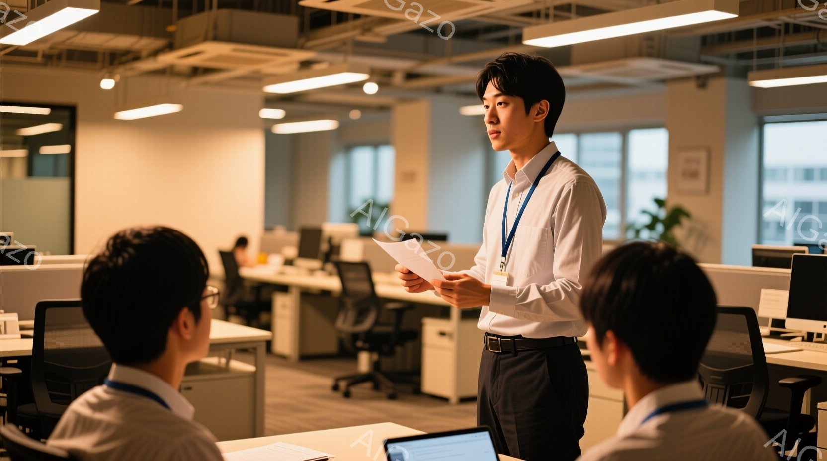 オフィス内で、一人の男性が書類を手にしながらプレゼンテーションをしている様子が写っている。彼は白いシャツに黒いズボン、首から身につけたIDカードが特徴的で、真剣な表情で立っている。背景には他の従業員が - AI生成フリー素材