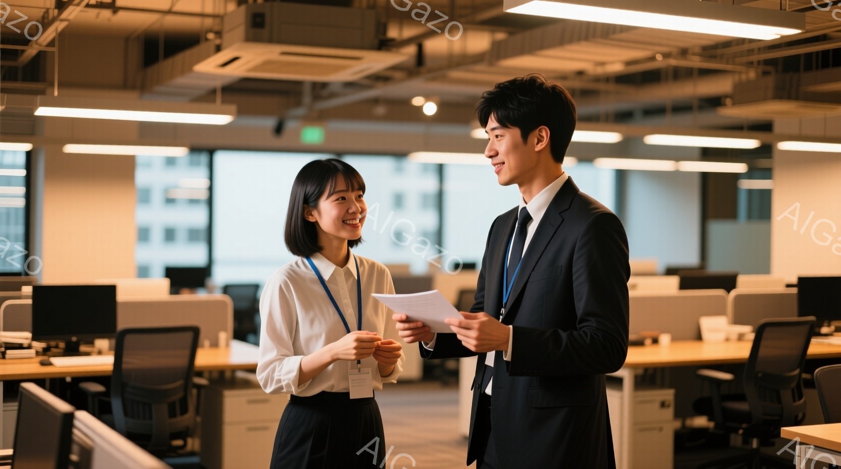 オフィス内で、一人の女性と一人の男性が書類を見ながら会話しています。女性は白いシャツに黒いスカート、男性は黒いスーツを着ており、どちらもIDカードを首から下げています。オフィスは明るく、モダンな内装で、多くのデスクとコンピューターが並び、窓の外には都市の風景が見えます。