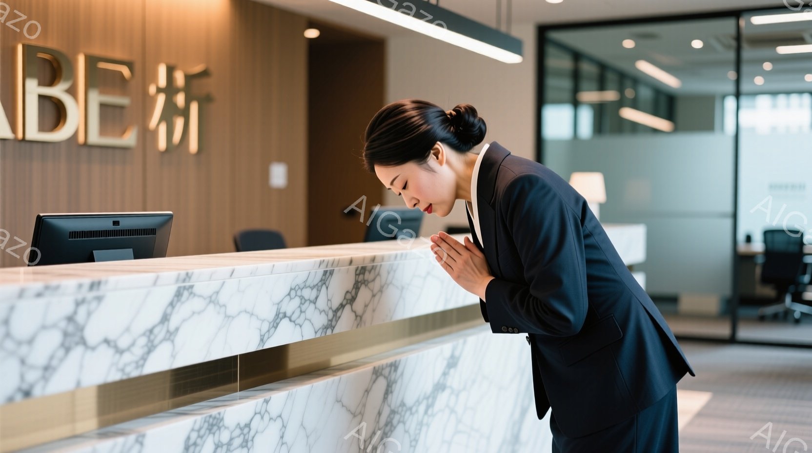 白い大理石の受付カウンターの前で深々と頭を下げる女性が写っています。彼女は黒いスーツと白いシャツを着ており、髪は後ろでまとめられています。背景には、明るいオフィス空間が広がり、近代的なデザインが特徴的 - AI生成フリー素材