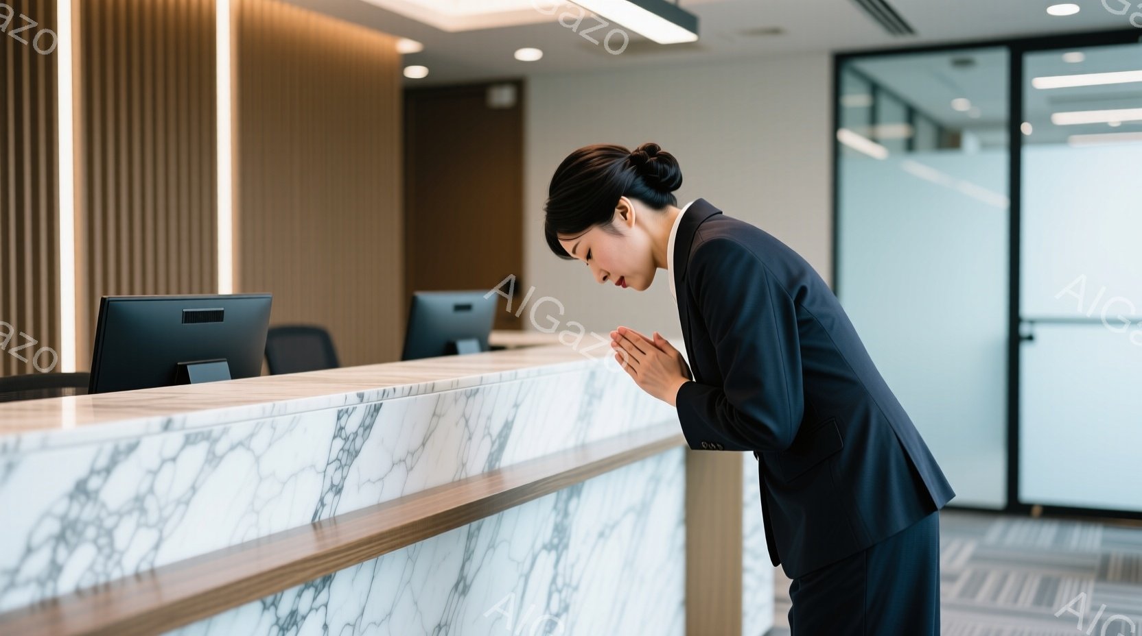 黒いスーツを着た女性が、白い大理石の受付カウンターの前で深々と頭を下げています。彼女は黒髪を後ろでまとめ、丁寧な姿勢で両手を重ねています。背景には、明るい室内とガラス張りの壁があり、清潔感と落ち着いた雰囲気が漂っています。