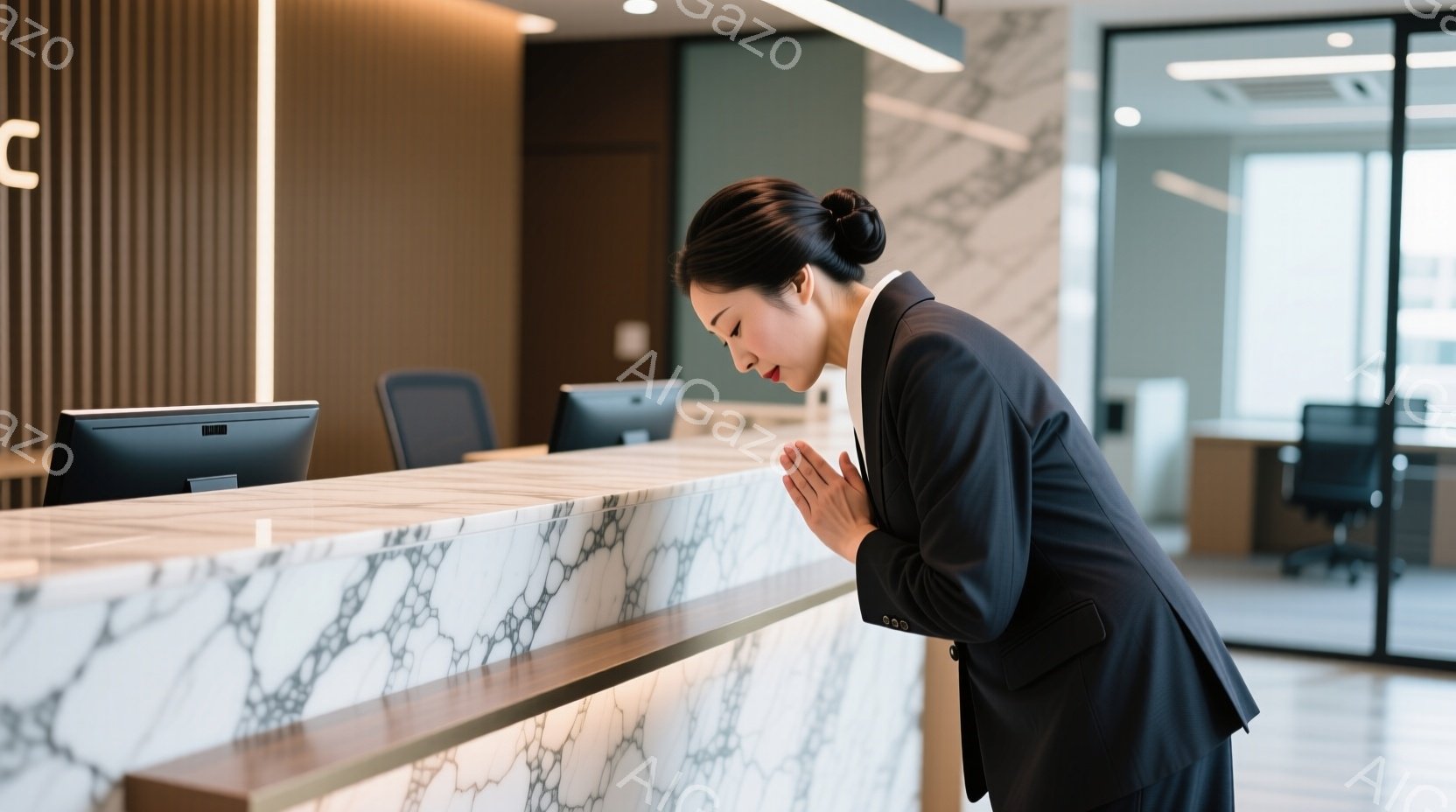 黒いスーツに身を包んだ女性が、受付カウンターの前で深々と頭を下げています。彼女は髪を後ろでまとめ、真剣な表情で丁寧にお辞儀をしています。背景にはモダンなデザインの受付カウンターとオフィス空間が見え、清 - AI生成フリー素材