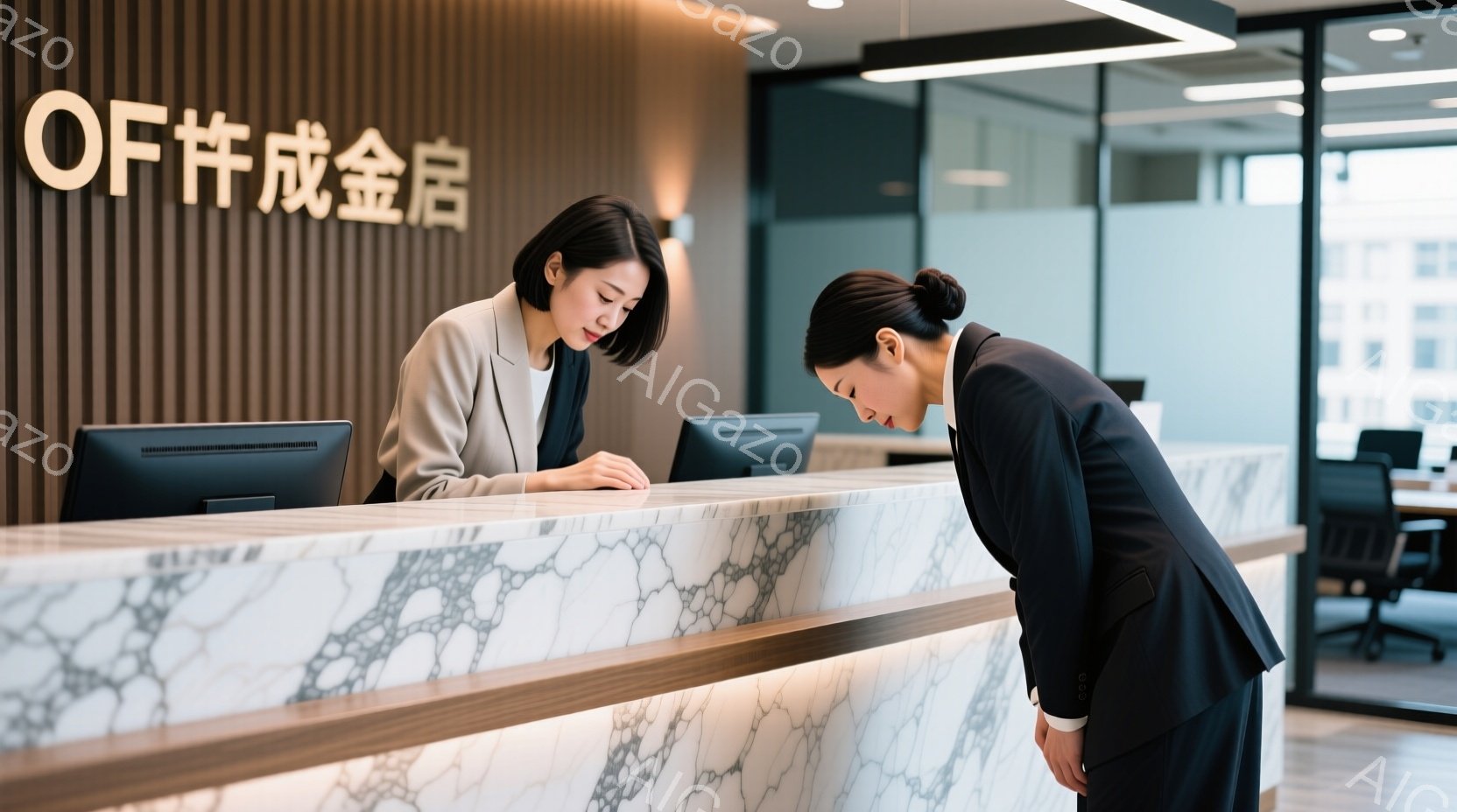 受付カウンターに二人の女性がいます。奥の女性はベージュのジャケットを着て、パソコンに向かって何か作業をしているようです。手前の女性は黒いスーツを着て頭を下げており、何かを謝罪しているか、または丁寧にお辞儀をしている様子が伺えます。