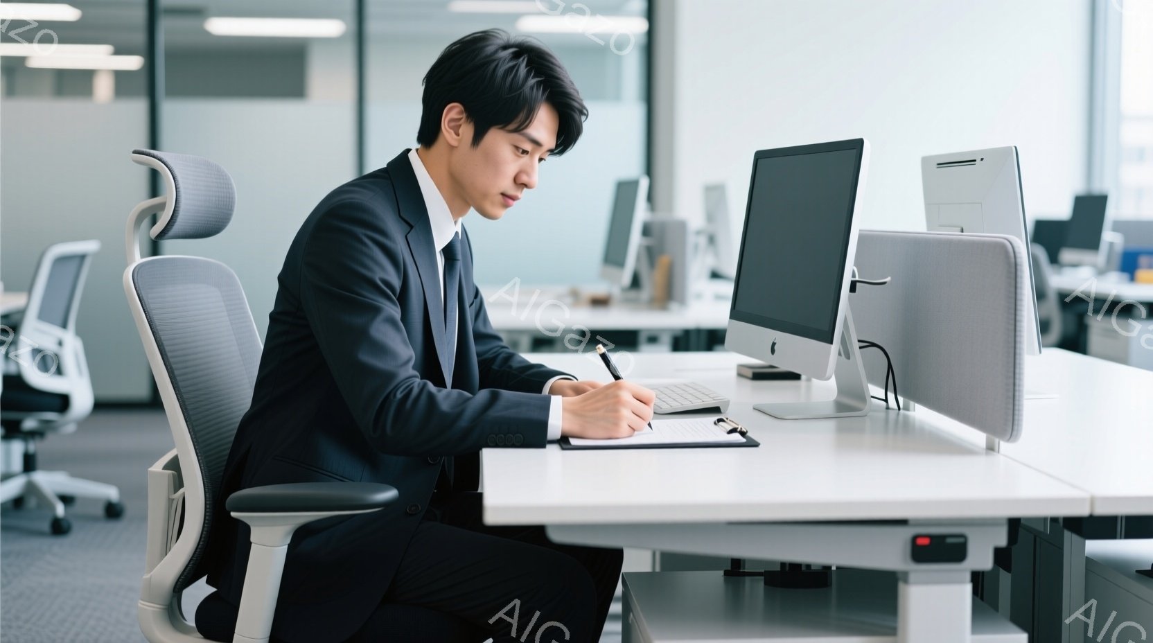 黒いスーツに身を包んだ男性が、オフィスでメモ帳に何かを書き込んでいる。彼は少し前かがみの姿勢で、集中した表情をしている。背景には、他のデスクとコンピューターが並び、モダンなオフィス空間が広がっている。