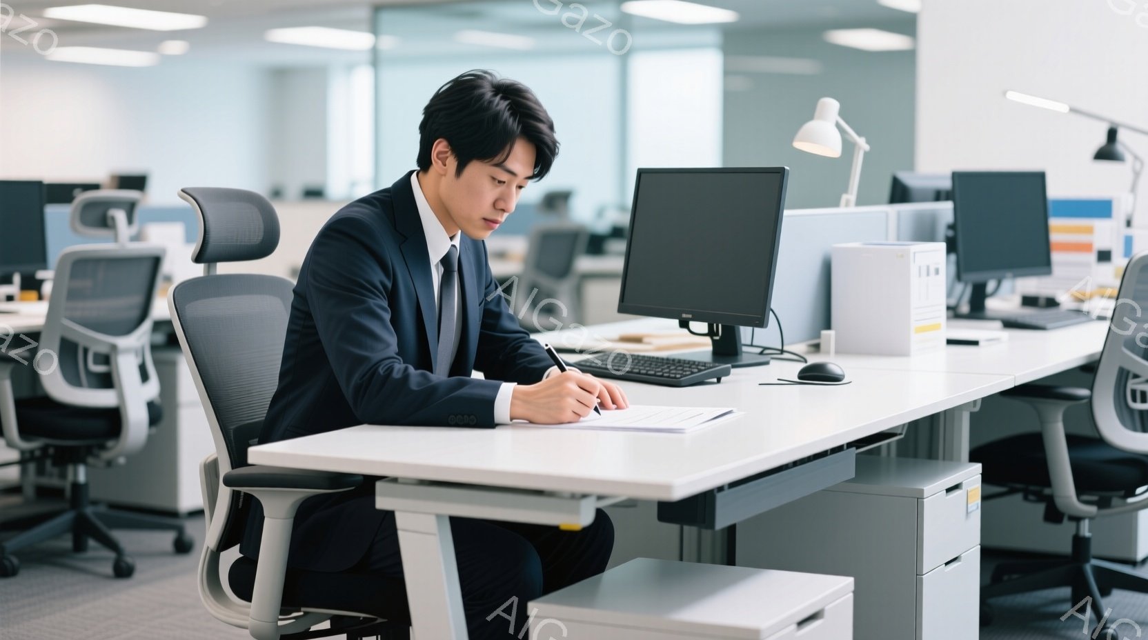 スーツにネクタイ姿の男性が、オフィスでデスクに向かって何かを書き込んでいる。彼は少し前かがみになり、集中した表情で書類にペンを走らせている。背景には他のオフィスワーカーやデスクが並び、明るく清潔感のあ - AI生成フリー素材