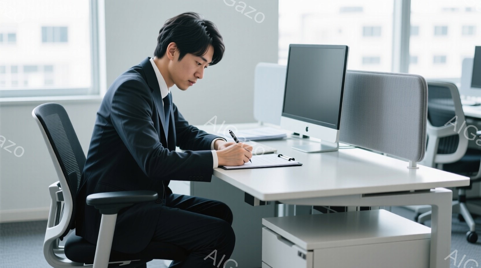 ビジネスマンがオフィスでデスクに向かい、メモ帳に何かを書き込んでいる様子が写っている。彼は黒いスーツにネクタイ姿で、短髪のヘアスタイルをしている。背景にはオフィス内の他のデスクや窓から見える高層ビル群 - AI生成フリー素材